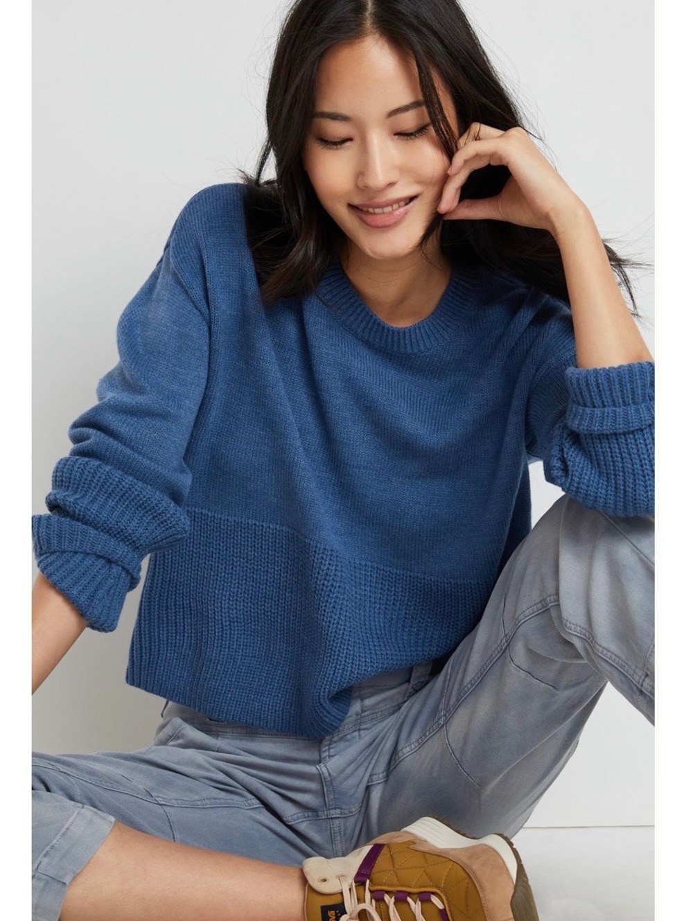 NWOT Anthropologie Pema Cropped Knit Pullover Sweater Blue Size XL